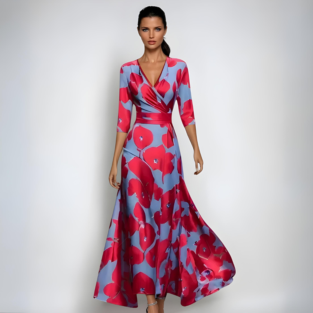 Floral Deep V-Neck Wrap Tie Waist Maxi Dress
