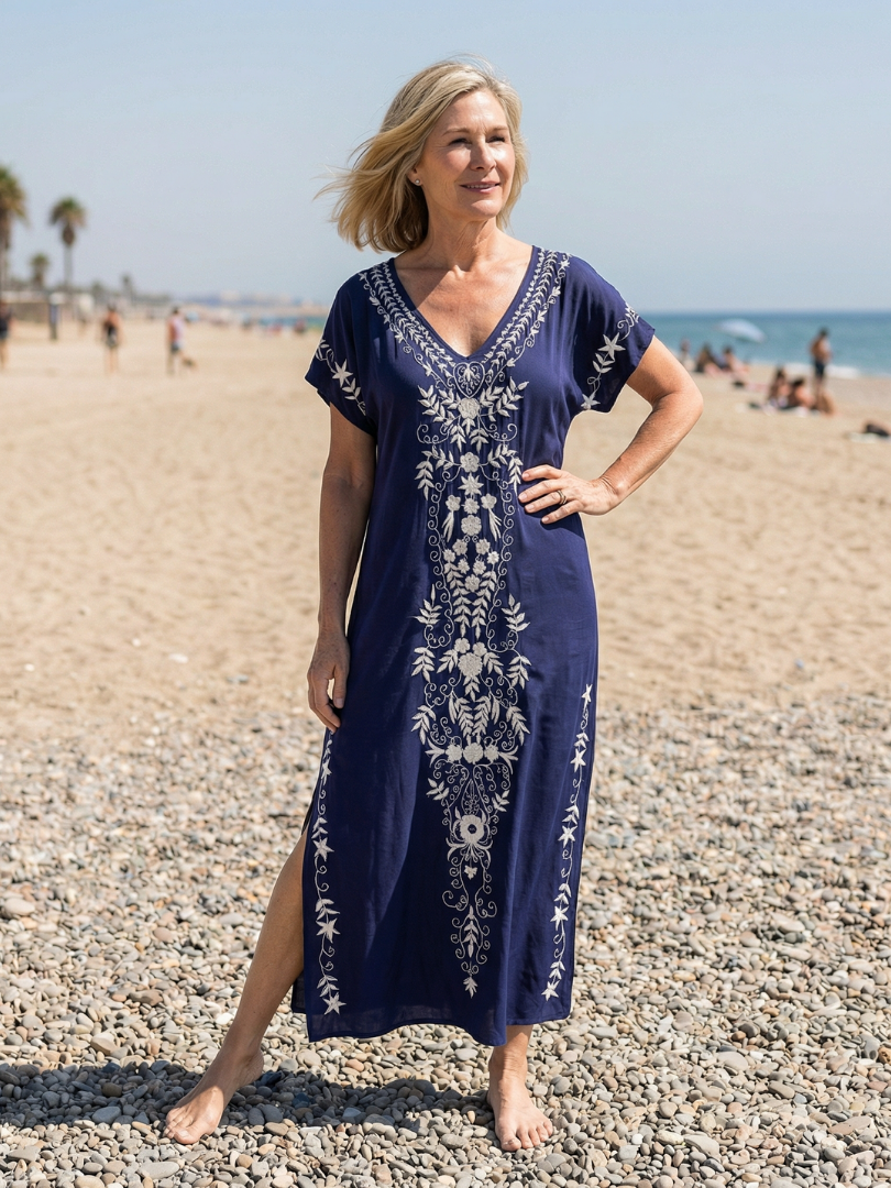V-Neck Short Sleeve Embroidered Floral Kaftan Maxi Dress 2