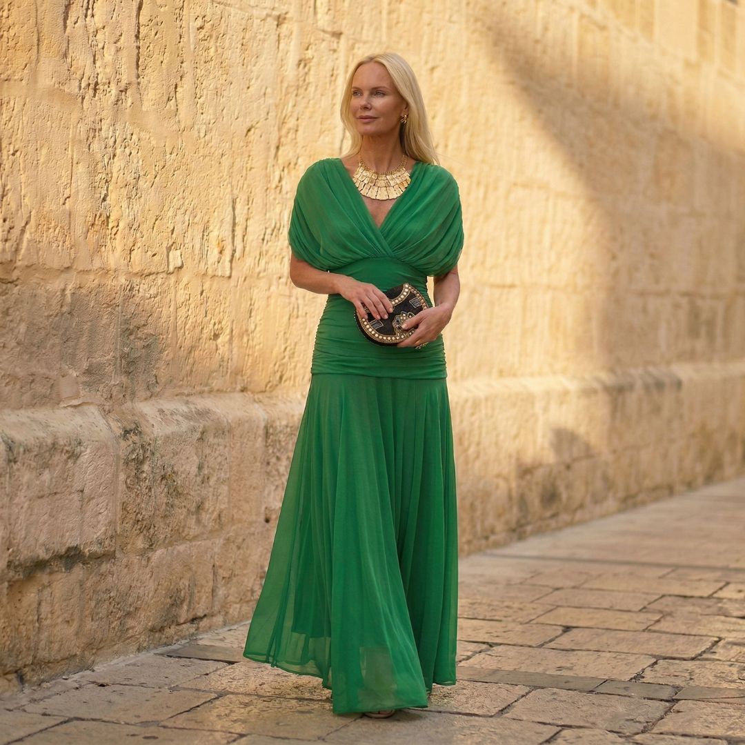 Draped V-Neck Ruched Waist Chiffon Maxi Dress