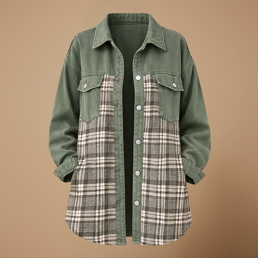Plaid Patchwork Denim Button Front Shacket 13