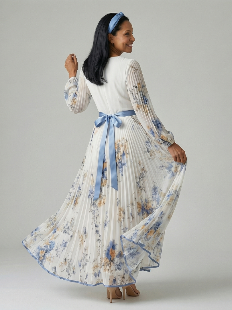 Floral V-Neck Long Sleeve Pleated Belted Maxi Dress 5