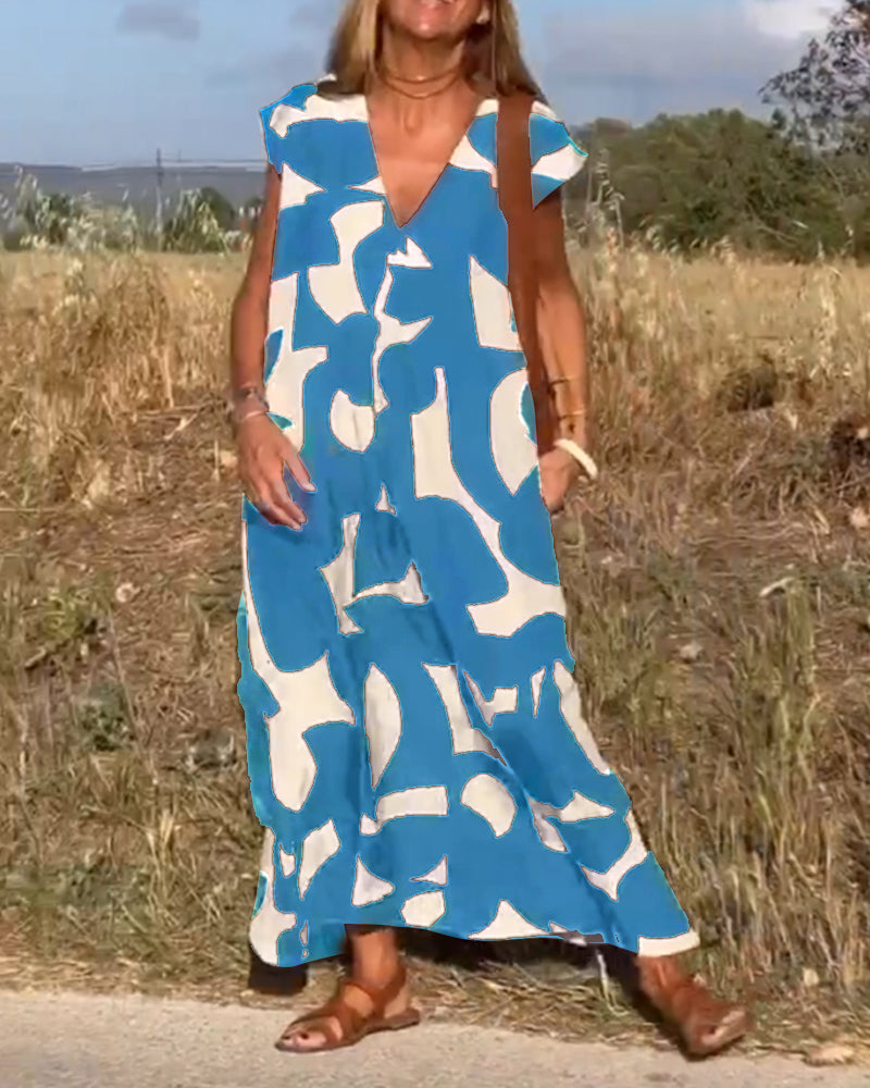Abstract Print V-Neck Cap Sleeve Oversized Maxi Dress 12