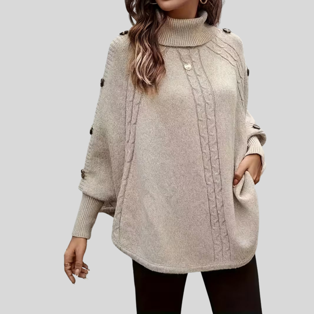 Turtleneck Cable Knit Button Trim Batwing Poncho Sweater