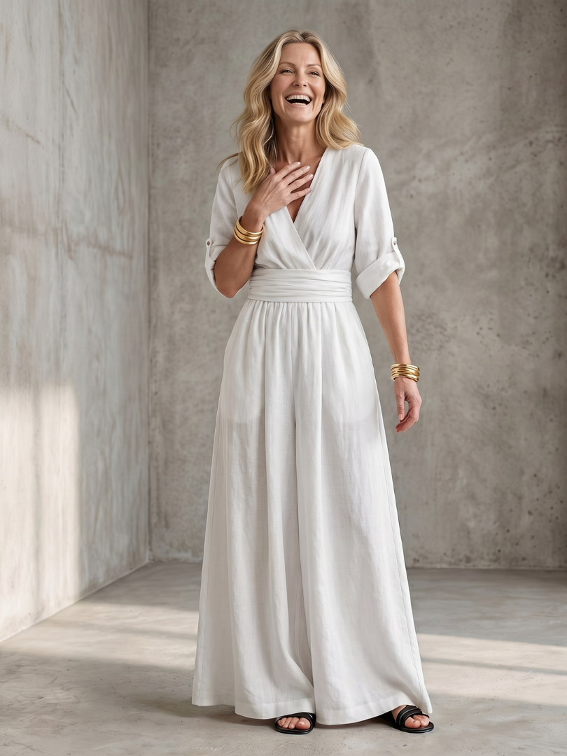 V-Neck Wrap Front Half Sleeve Wide Leg Jumpsuit 4