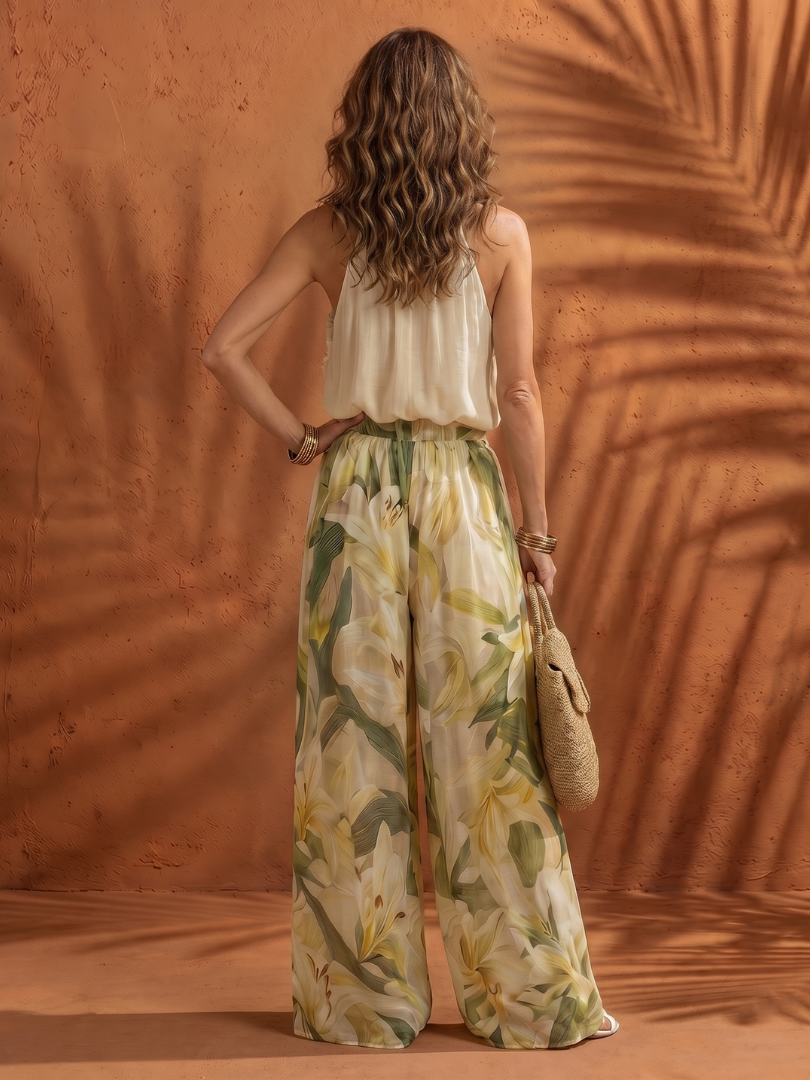 Halter Neck Ruffle Top and Floral Wide Leg Pants Two Piece Set 5