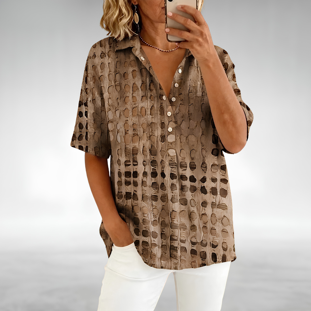 Abstract Print Collared Button Front Short Sleeve Blouse 5