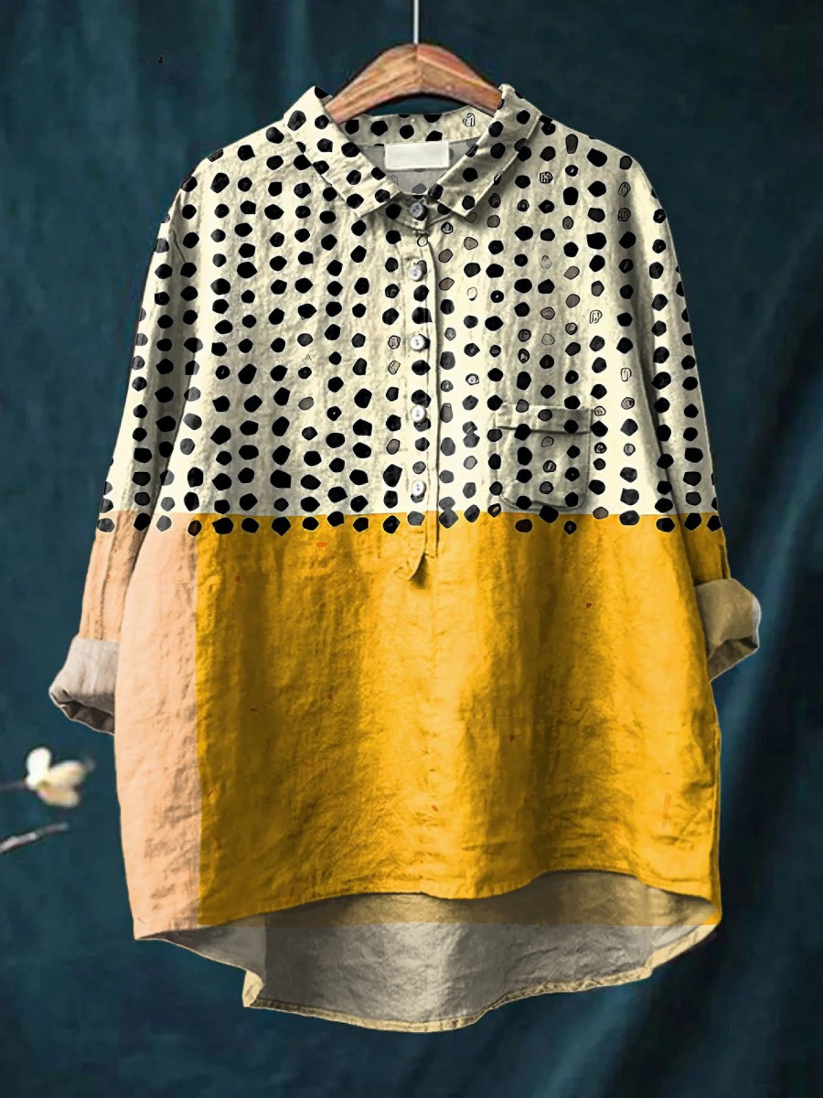Polka Dot Color Block Button Long Sleeve Linen Look Shirt