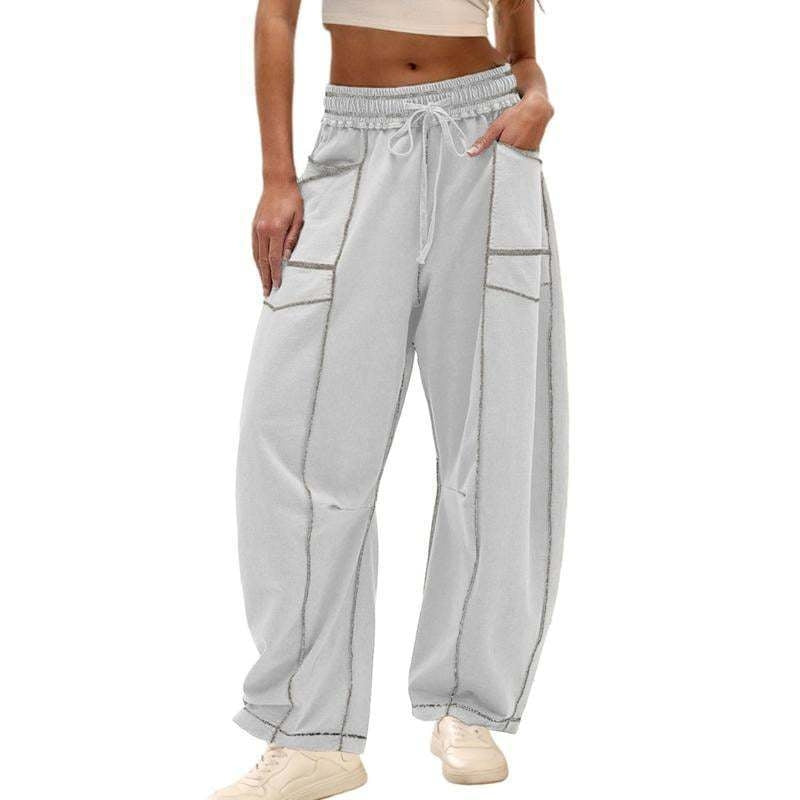 High Waist Drawstring Contrast Stitch Wide Leg Pants 5