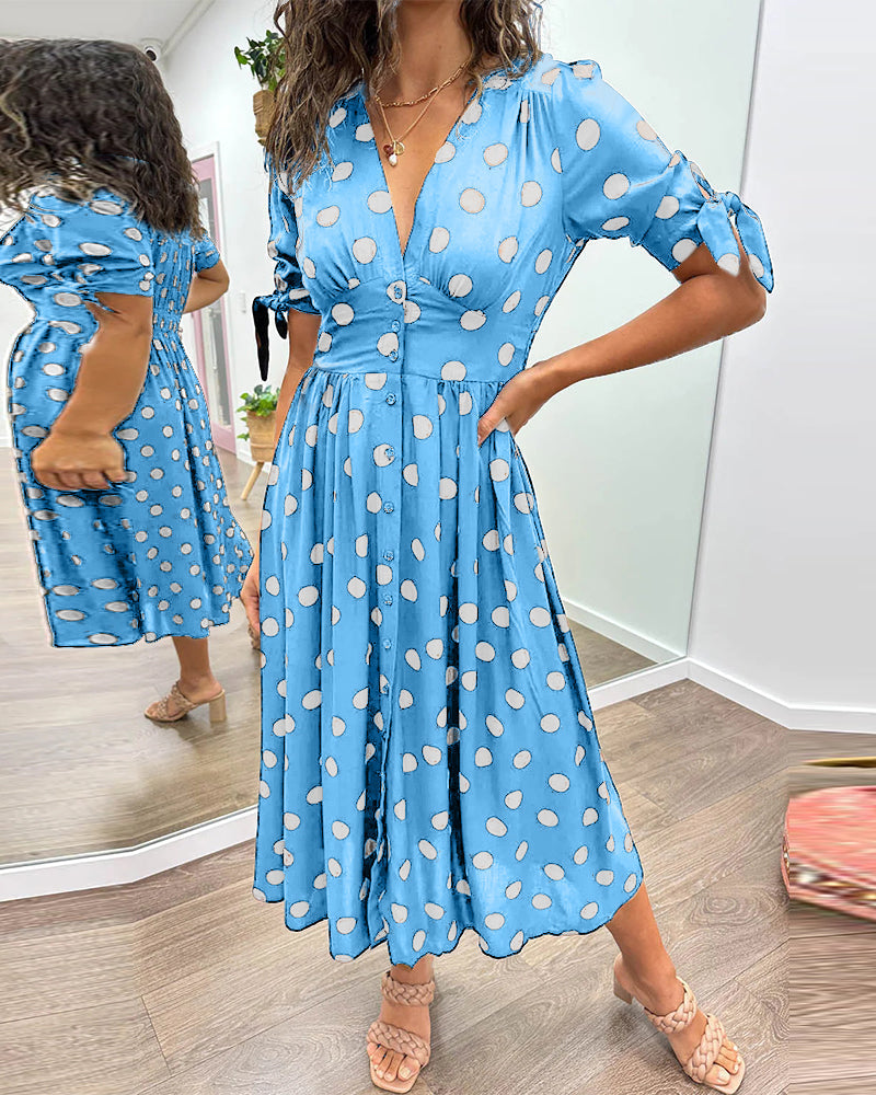 Polka Dot Deep V-Neck Button Front Puff Sleeve Tie Cuff Midi Dress - View 21