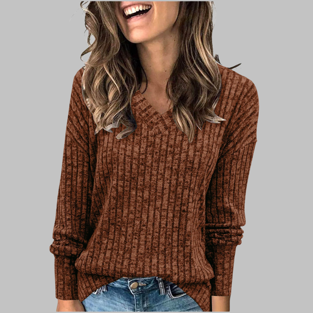 V-Neck Long Sleeve Ribbed Knit Sweater 9
