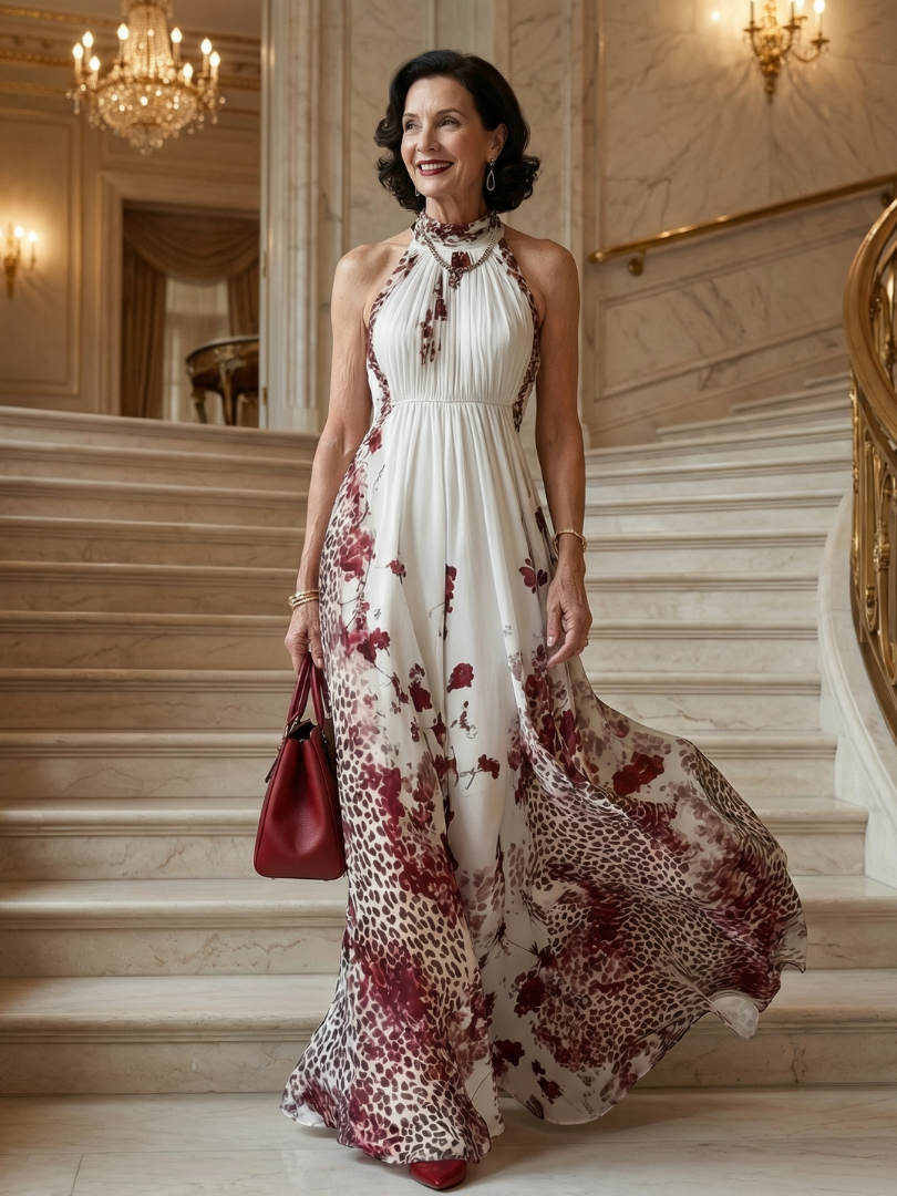 Halter Neck Floral Leopard Print Pleated Maxi Dress 5