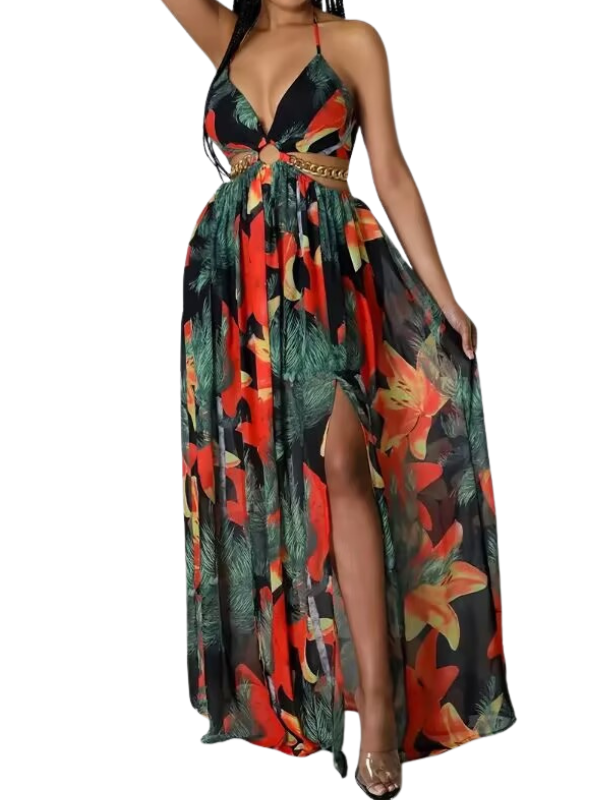 Tropical Floral Deep V-Neck Chain Waist High Split Maxi Dress