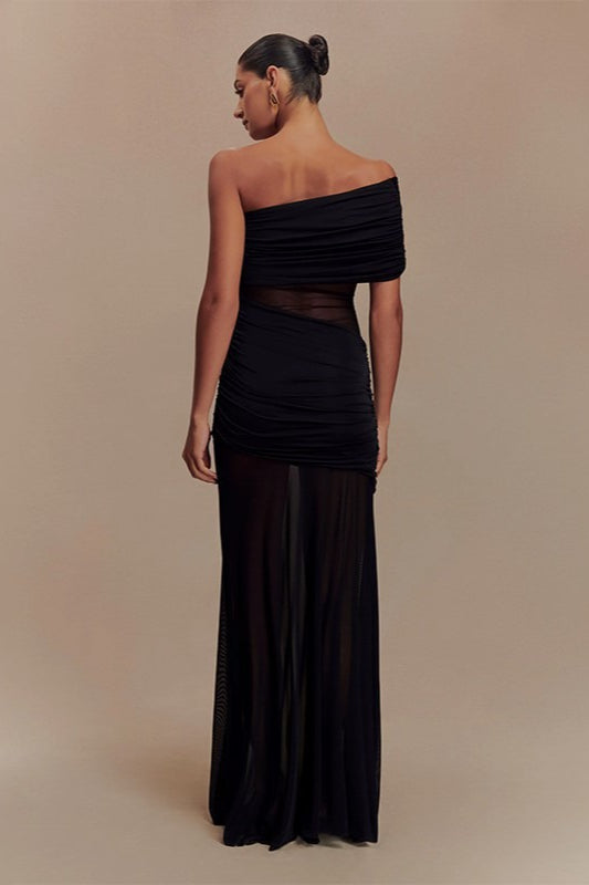 One Shoulder Ruched Mesh Panel Gown - View 3