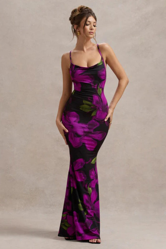 Floral Print Cowl Neck Spaghetti Strap Bodycon Maxi Dress - View 2