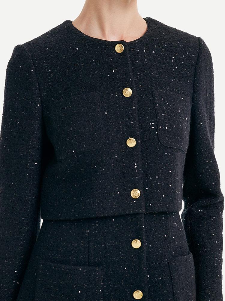 Tweed Collarless Button Front Patch Pocket Long Sleeve Mini Coat Dress - View 5
