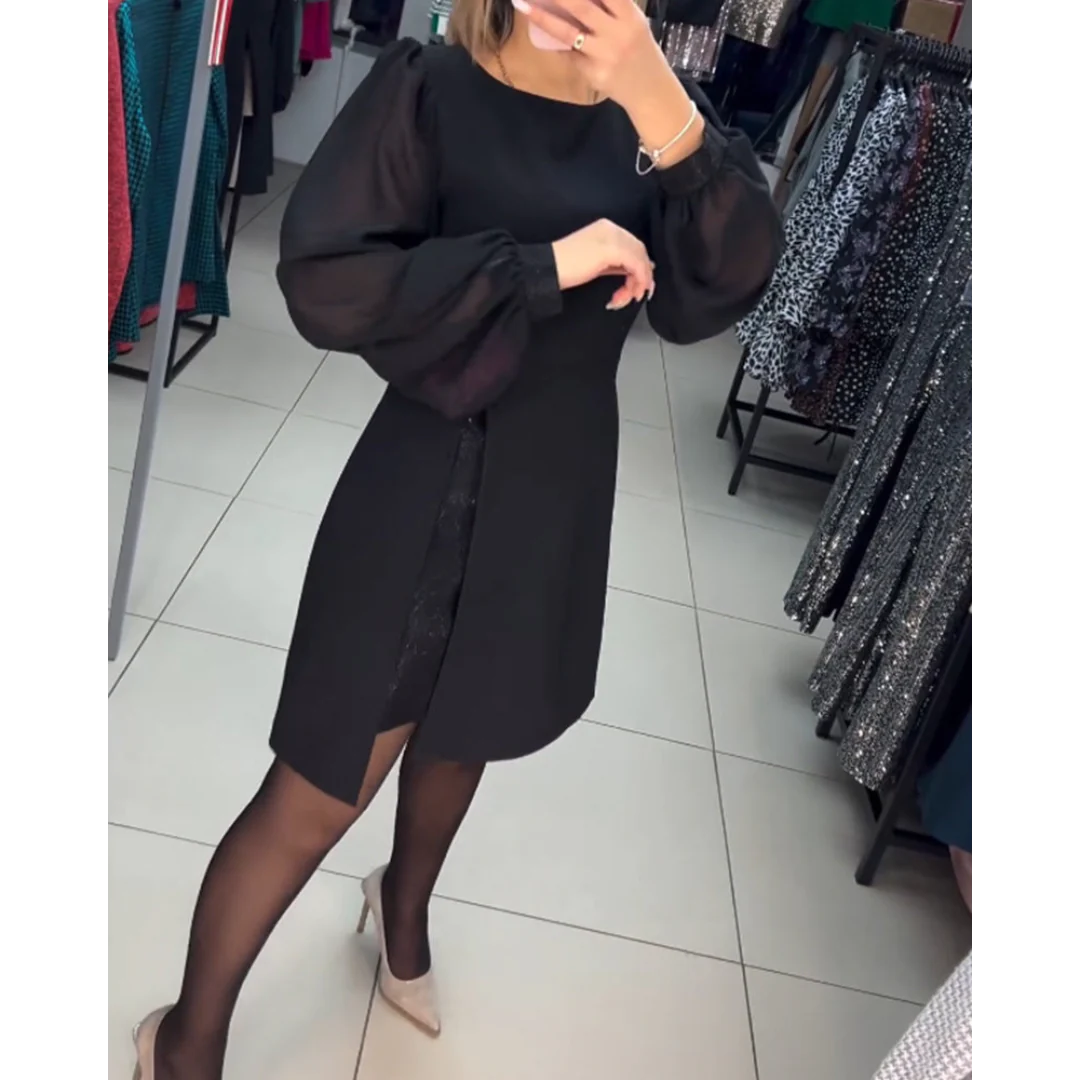 Sheer Balloon Sleeve Round Neck Front Slit Shift Mini Dress - View 2