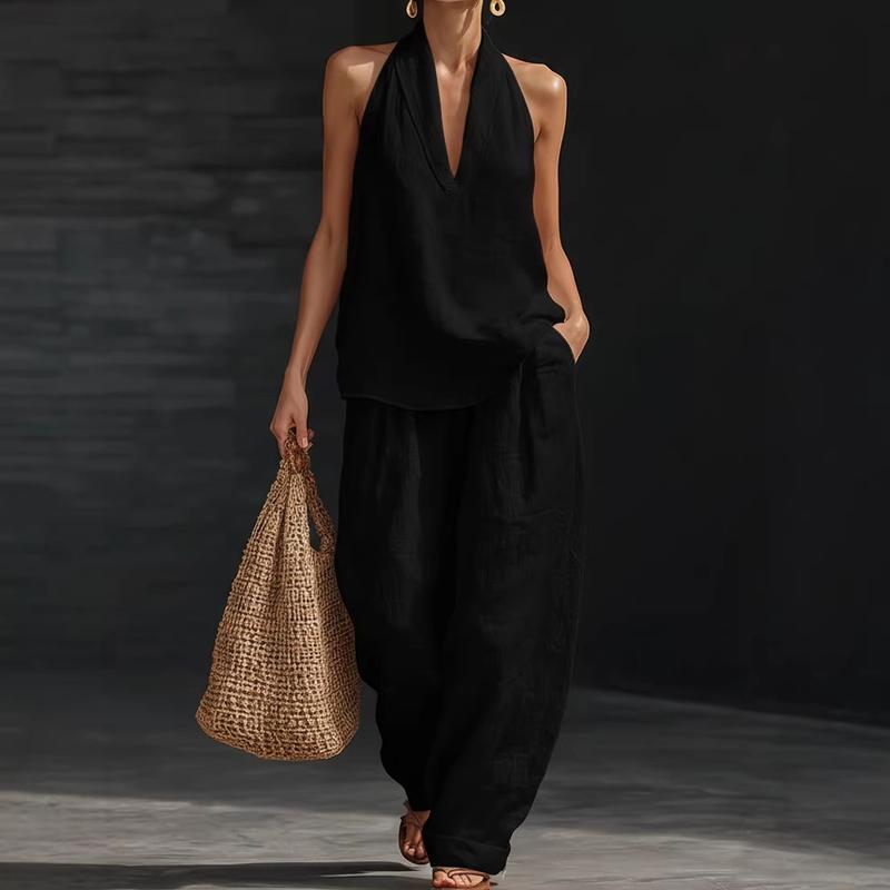 Halter Deep V-Neck Top and Wide Leg Pants Two Piece Set 5