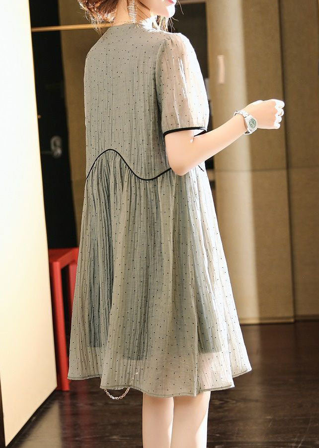 Swiss Dot Peter Pan Collar Puff Sleeve Wavy Piping A-Line Dress - View 4