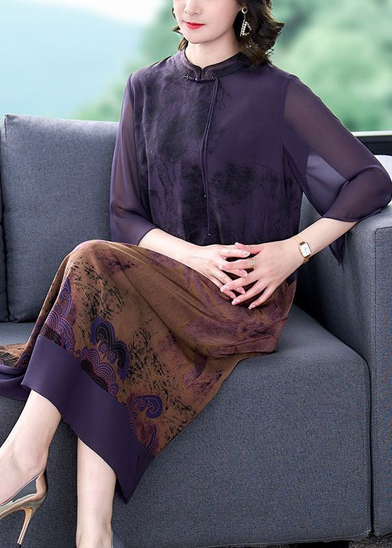 Mandarin Collar Keyhole Sheer Bell Sleeve Floral Print Midi Dress - View 2