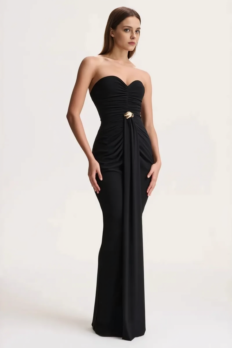 Sleeveless Ruched Waist Cinched Sash Strapless Party Dress