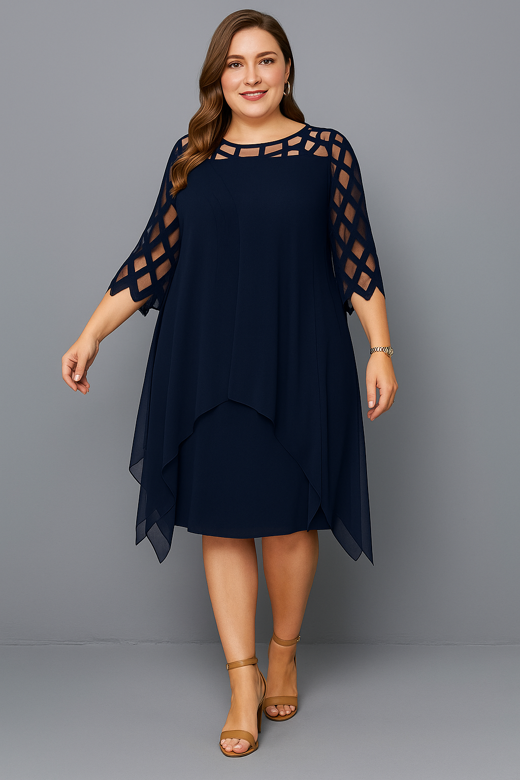 Lattice Cutout Yoke Chiffon Overlay Handkerchief Hem Dress 3