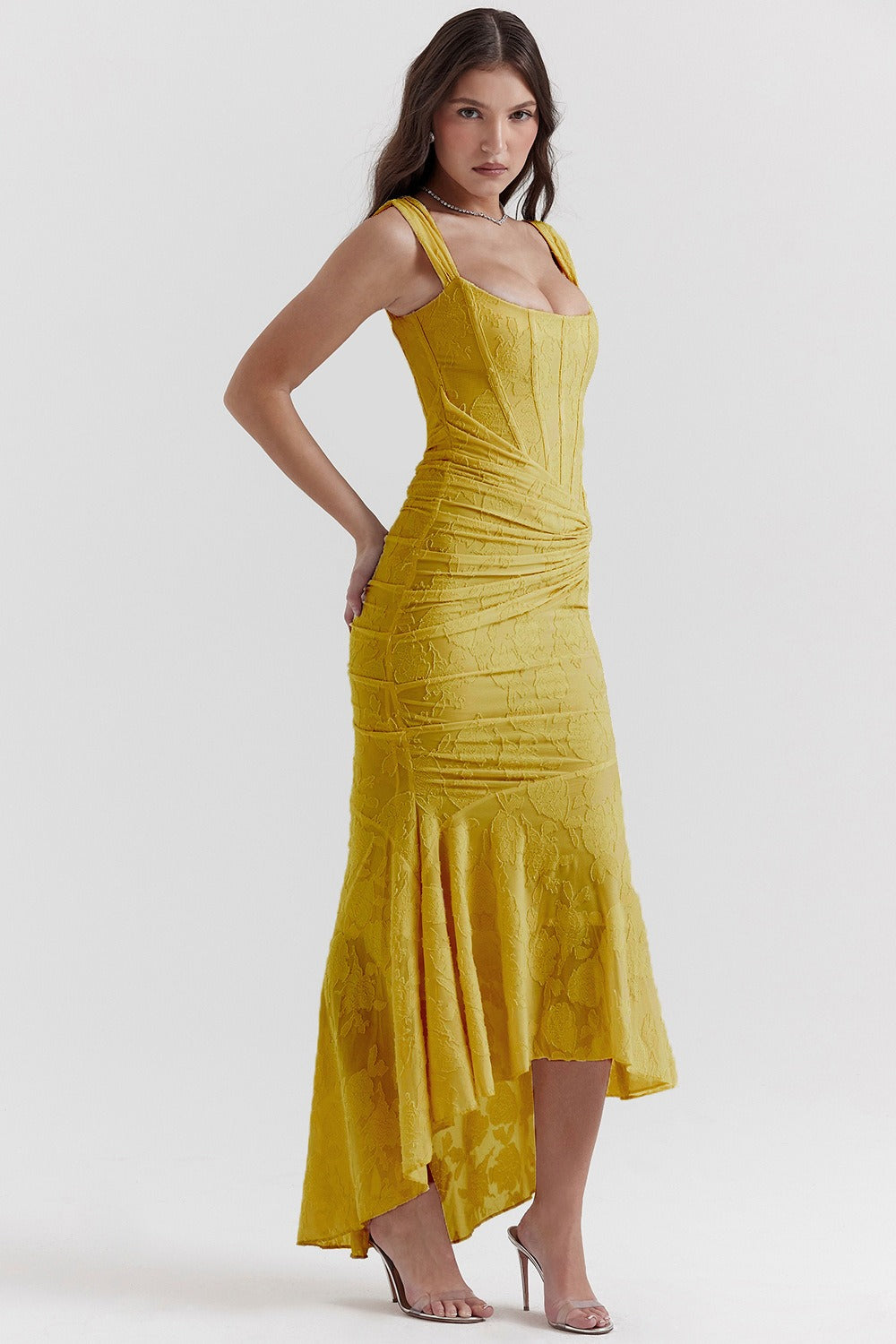 Jacquard Square Neck Corset Ruched Mermaid Gown - View 9