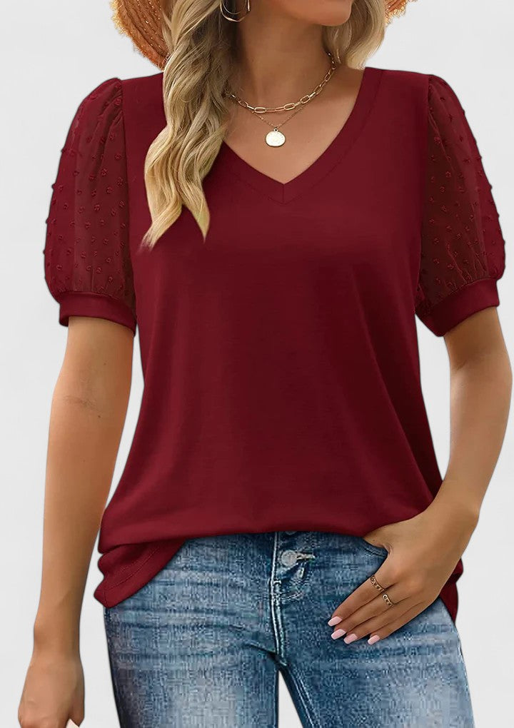 V-Neck Swiss Dot Mesh Puff Short Sleeve Top 2
