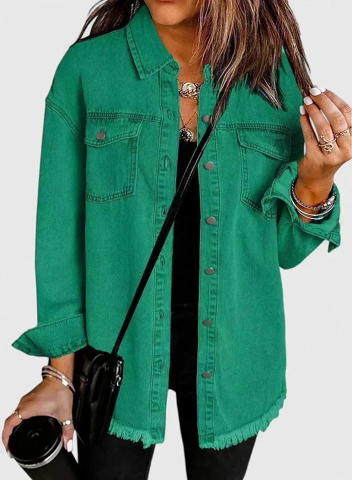 Button Front Frayed Hem Denim Shirt Jacket 2