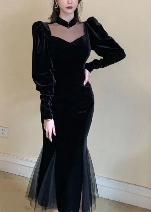 Velvet Sweetheart Choker Collar Puff Sleeve Mesh Panel Mermaid Gown - View 3