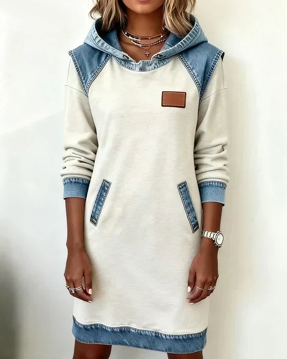 Hooded Denim Contrast Long Sleeve Sweatshirt Dress 2