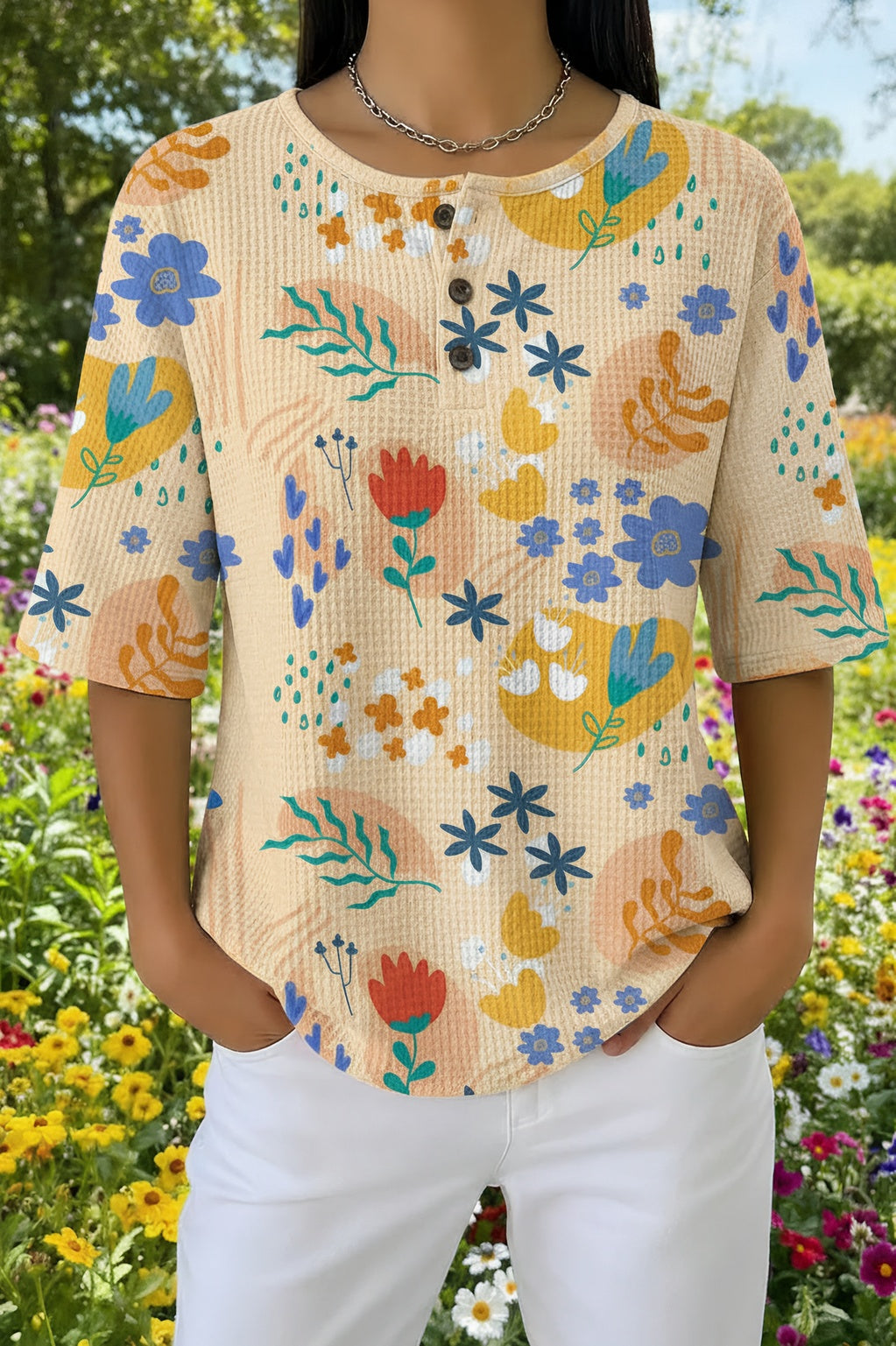 Floral Print Waffle Knit Short Sleeve Henley Top