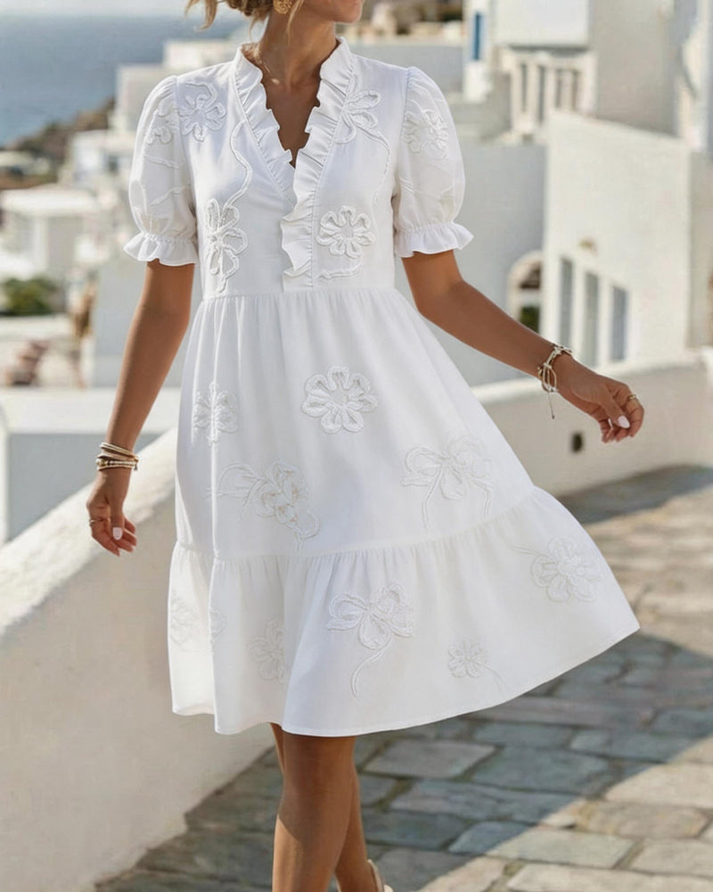 Floral Embroidered Ruffle Neck Puff Sleeve Tiered Midi Dress 2