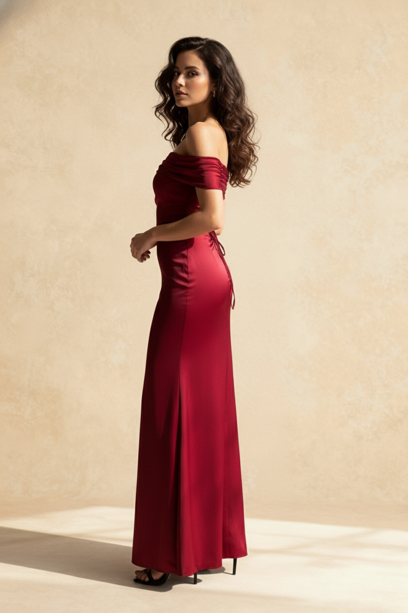 Satin Off Shoulder Pleated Ruched A-Line Maxi Dress - View 2