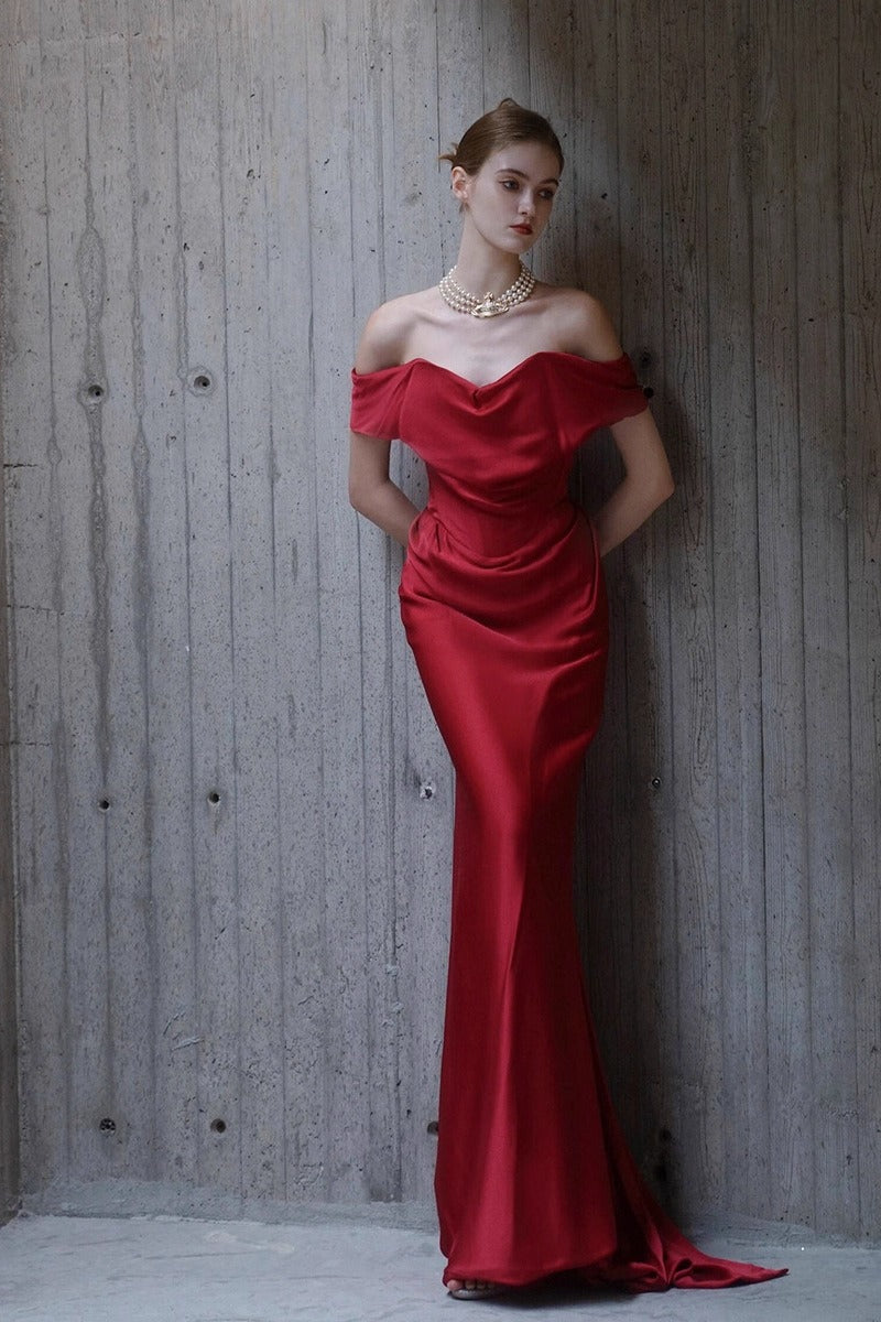 Satin Off Shoulder Sweetheart Draped Mermaid Prom Dress - View 3