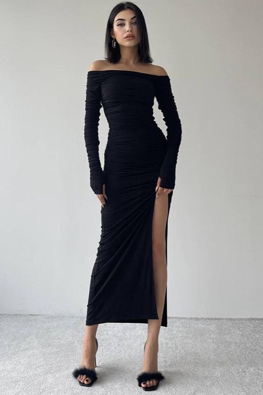 Off Shoulder Long Sleeve Ruched High Split Bodycon Maxi Dress - View 4