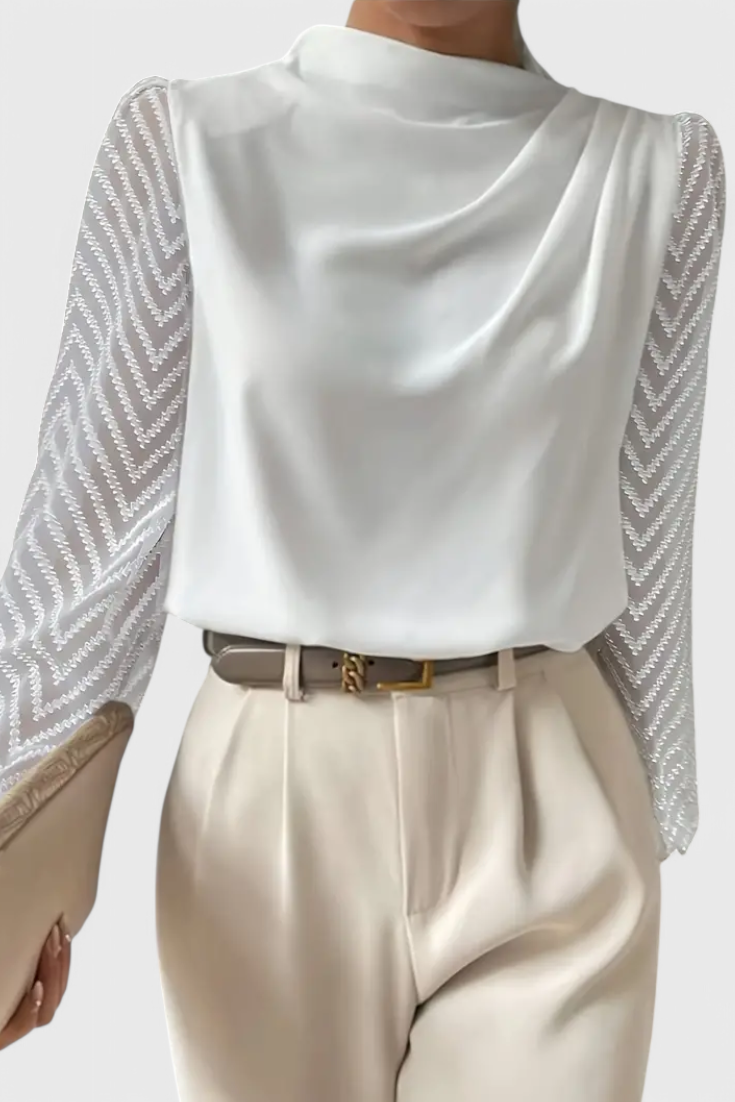 Draped Cowl Neck Sheer Mesh Long Sleeve Blouse