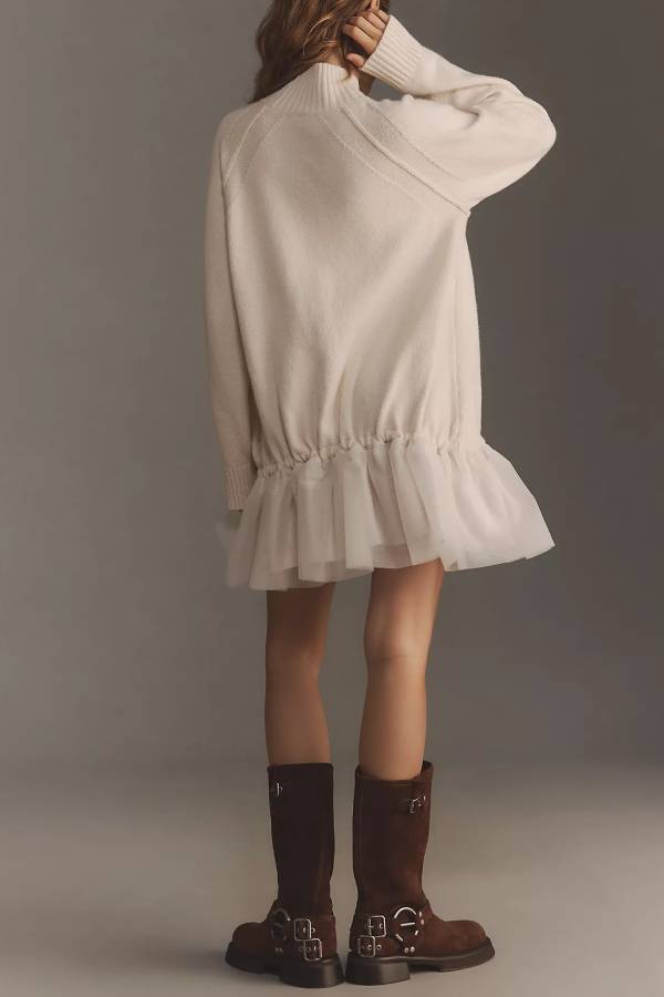 Knit Turtleneck Long Sleeve Tulle Hem Sweater Mini Dress - View 2