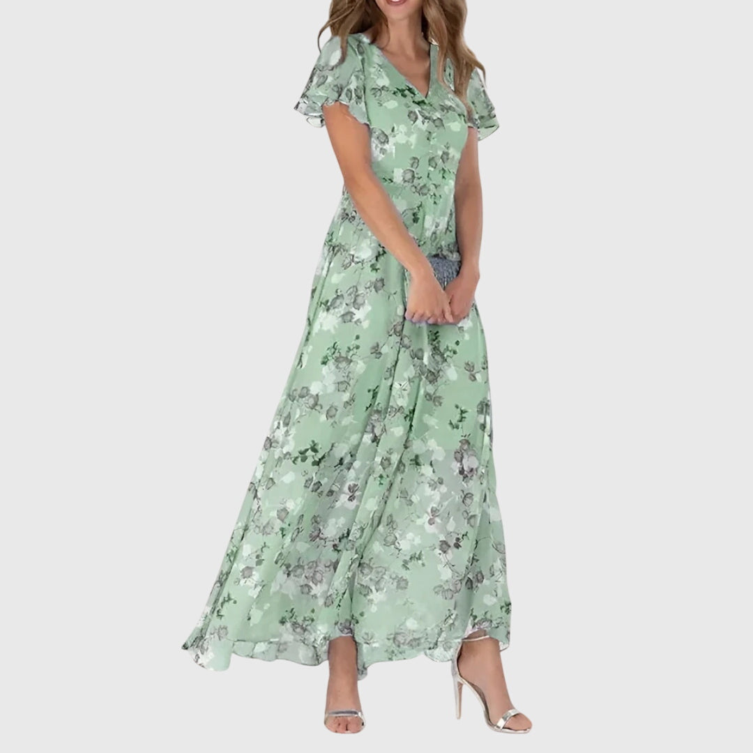 Floral V-Neck Flutter Sleeve Chiffon Maxi Dress 3