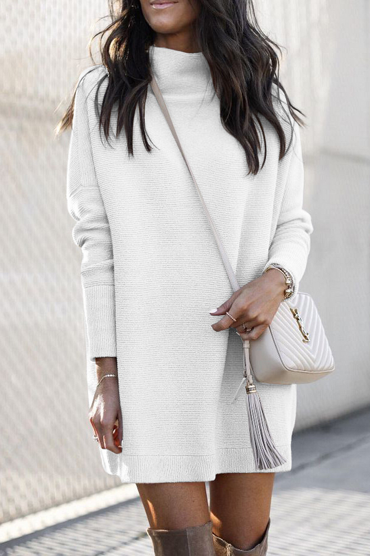 Knit Mock Neck Drop Shoulder Rib Trim Oversized Mini Sweater Dress - View 2