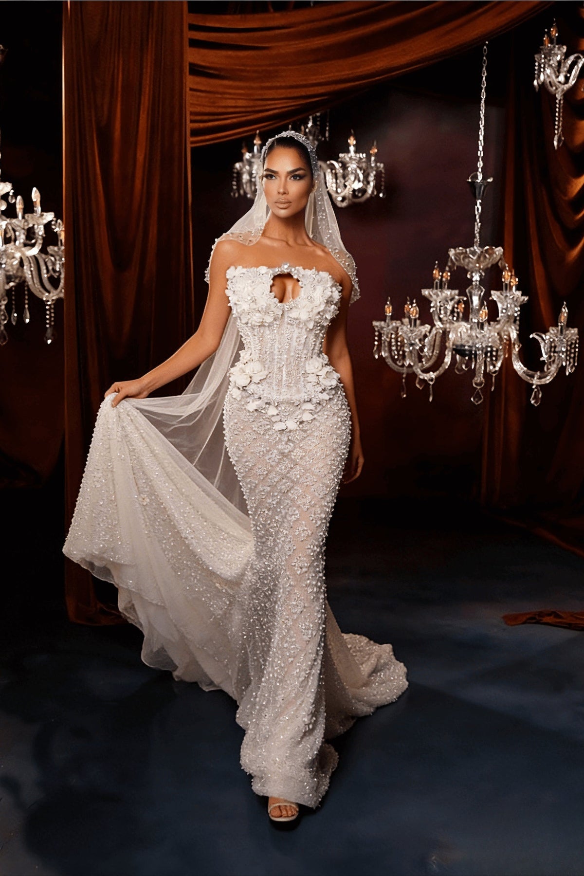 Beaded Strapless 3D Floral Sheer Mermaid Train Prom Gown - View 3