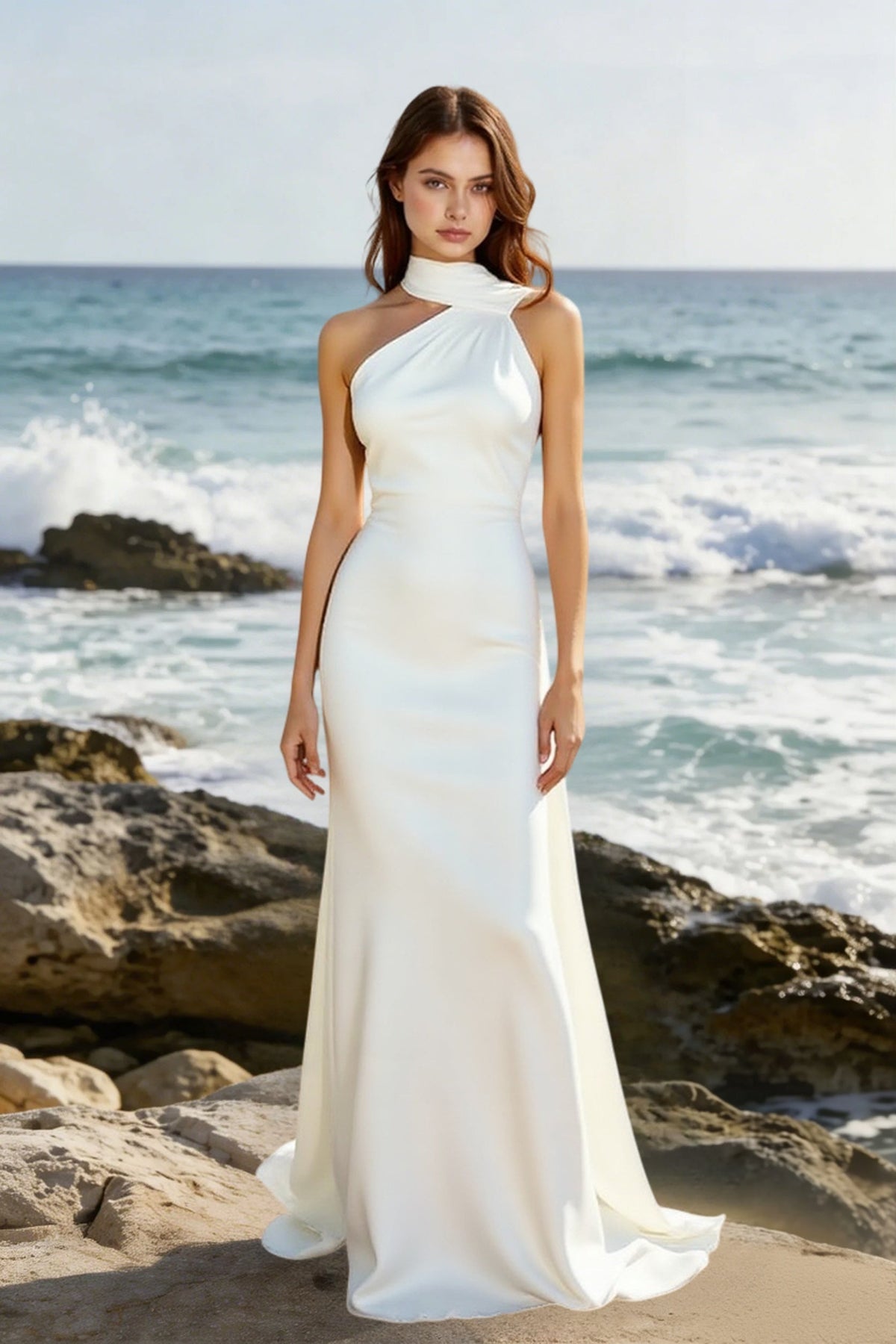 Halter Neck Draped Cape Backless Column Maxi Gown - View 8
