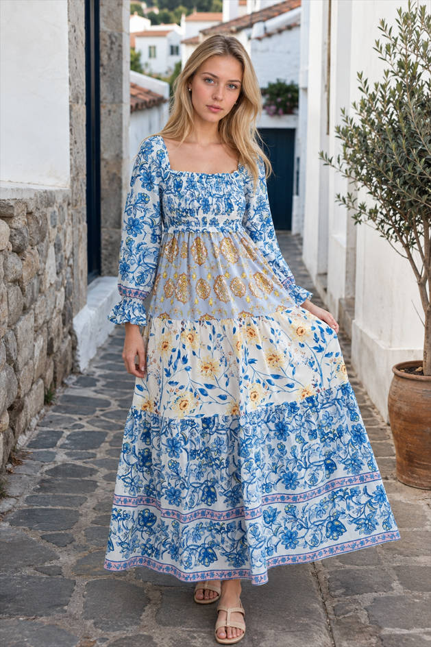Floral Square Neck Long Sleeve Smocked Tiered Maxi Dress 4