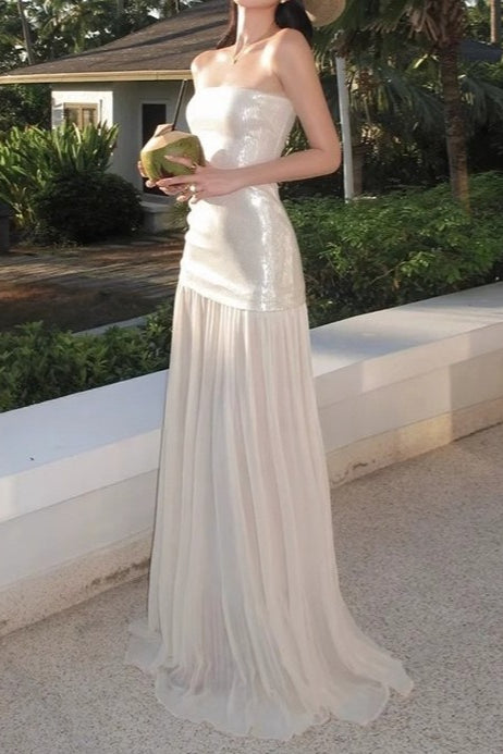 Sequin Strapless Drop Waist Flowy A-Line Maxi Gown