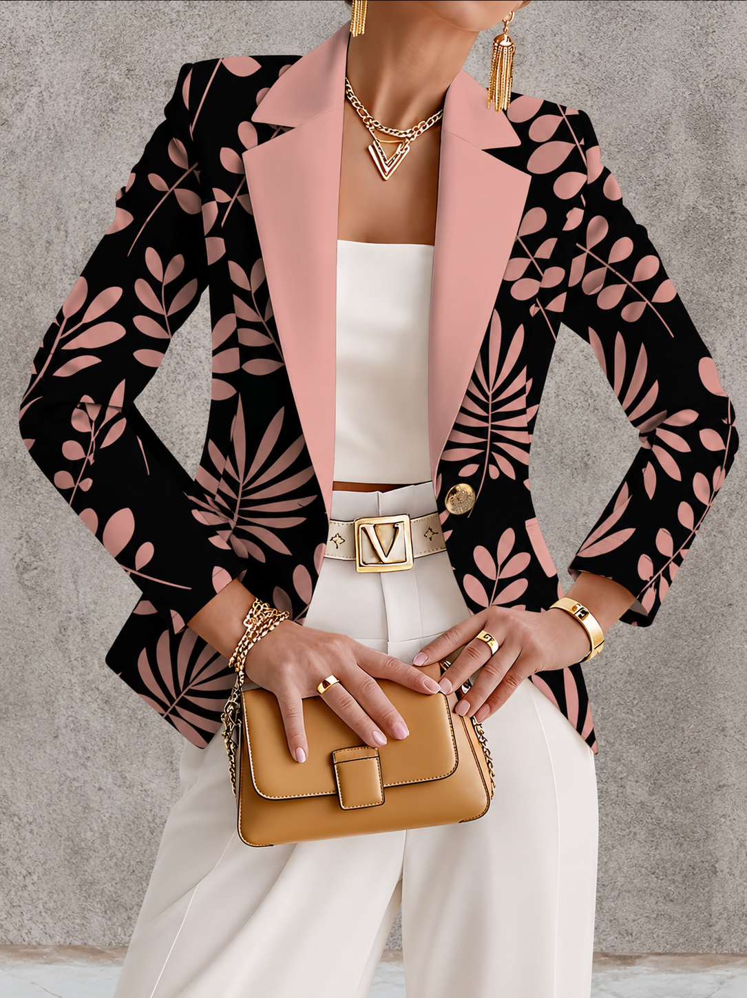 Leaf Print Contrast Lapel Single Button Blazer