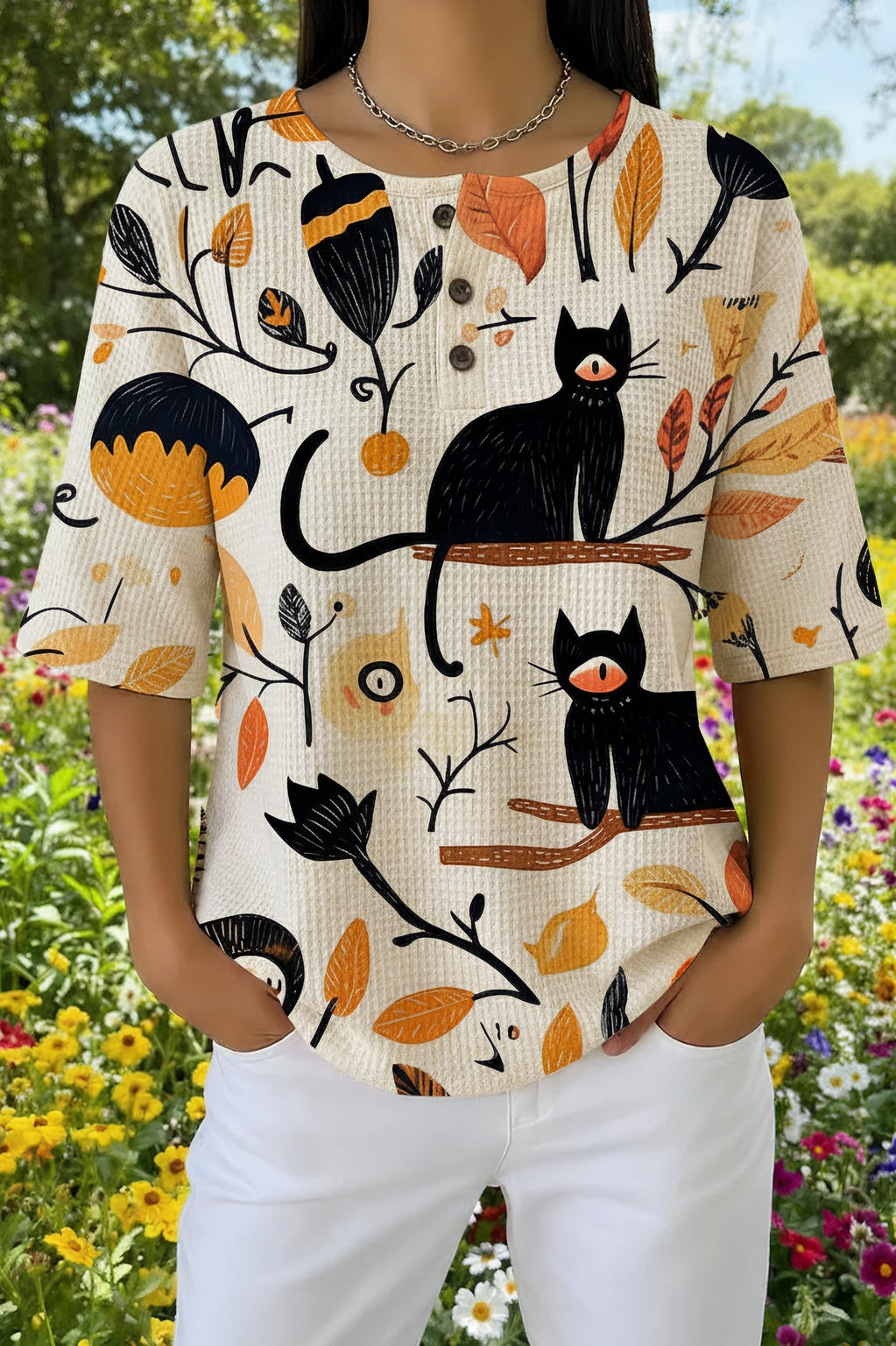 Henley Neck Short Sleeve Cat Print Waffle Knit Top