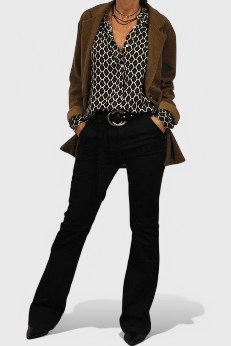 Geometric Print Button Front Long Sleeve Blouse 2