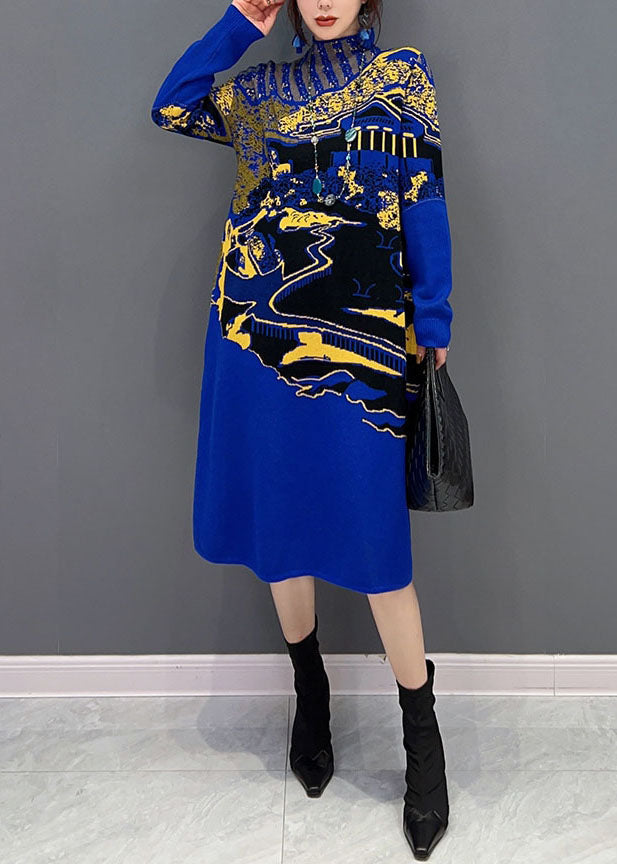 Landscape Graphic Print Mesh Insert Mock Neck Midi Dress - View 2