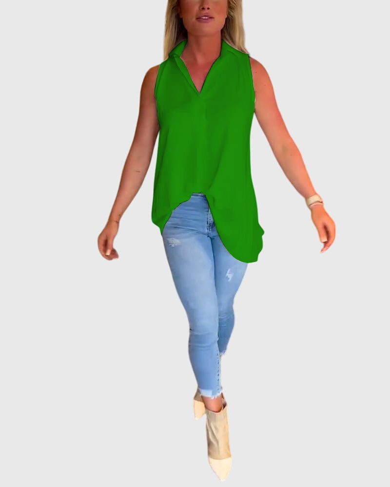 Collared Sleeveless High Low Blouse 15