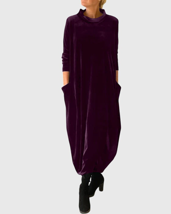 Velvet Mock Neck Long Sleeve Cocoon Midi Dress 5