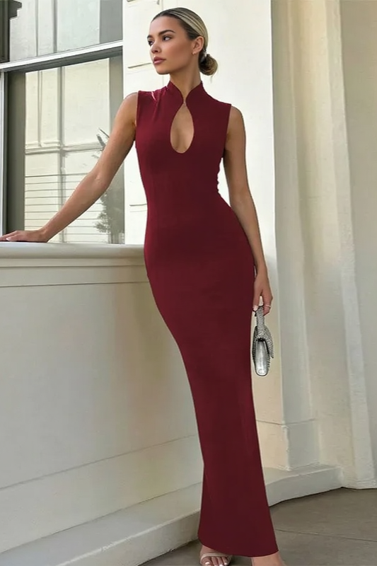 Mock Neck Sleeveless Cut Out Bodycon Maxi Dress